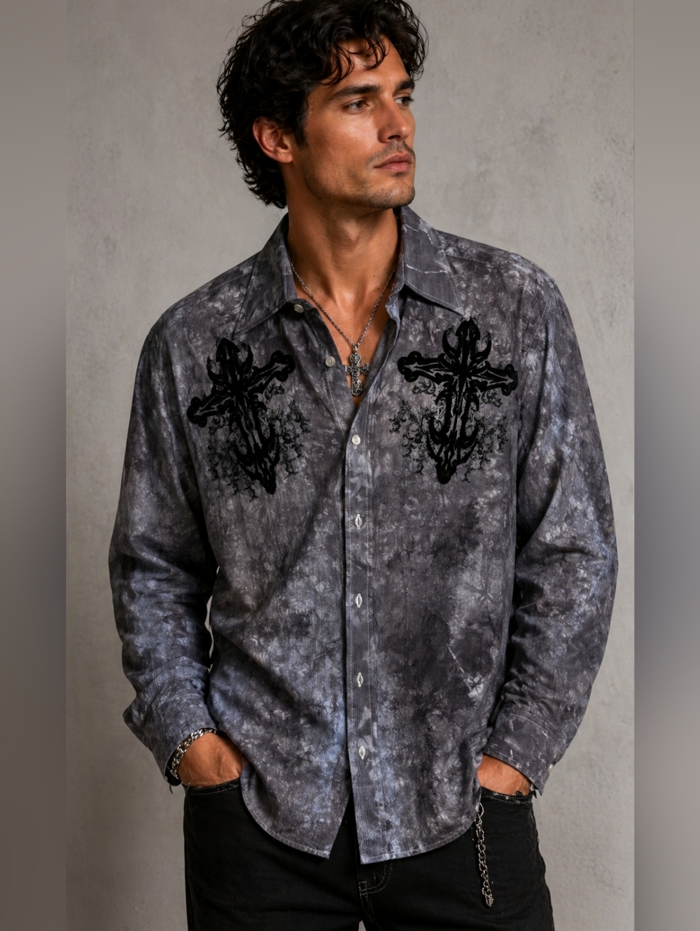 Eighty Eight Casual Button Down Shirt XXL Gray Black Tie-Dye, mens
